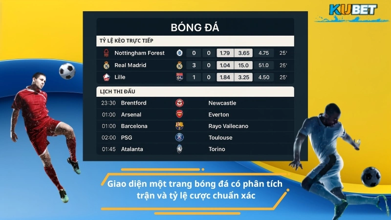 Giao diện một trang bóng đá uy tín có phân tích trận và tỷ lệ cược chuẩn xác