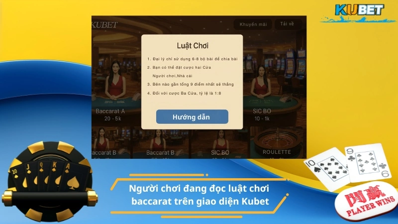 Người chơi đang đọc luật chơi baccarat trên giao diện Kubet